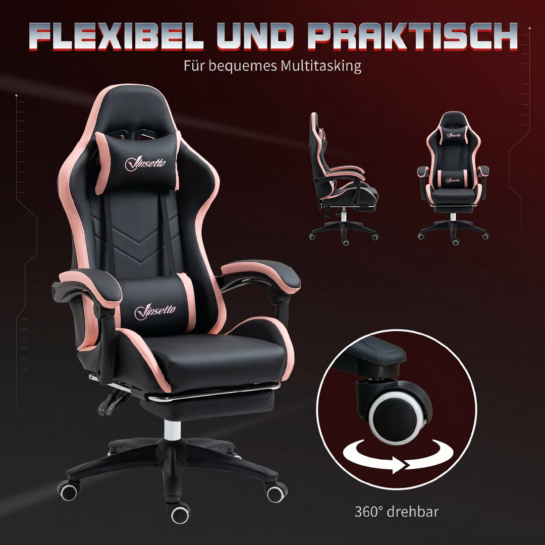 Kontorstol, gamingstol, 1 nakkestøtte, 1 lændestøtte, pink + sort