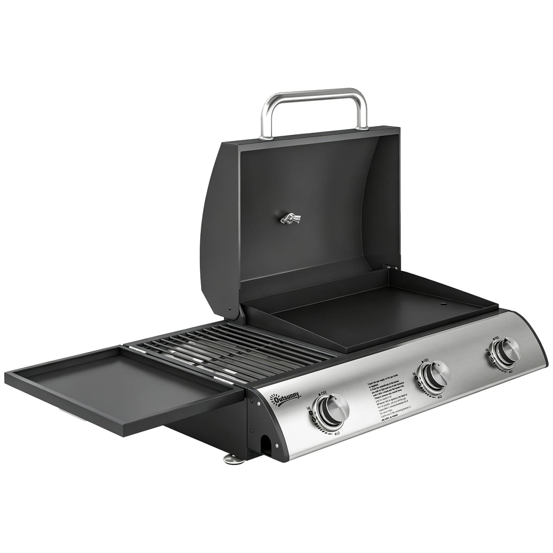 Gasgrill 7,5 KW Bærbar bordgrill med 3 brændere, sidebord, stegeplade, emaljerede grillriste, fedtbakke