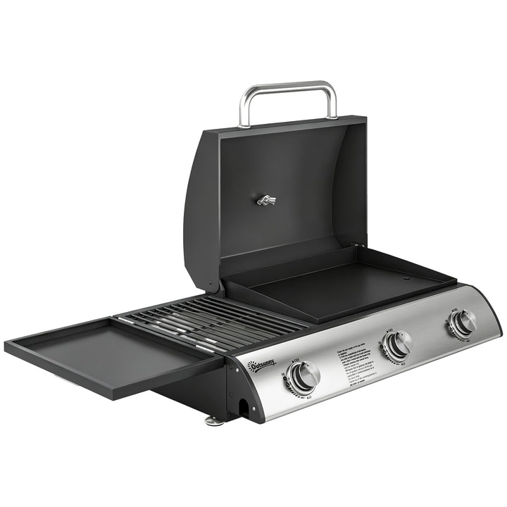 Gasgrill 7,5 KW Bærbar bordgrill med 3 brændere, sidebord, stegeplade, emaljerede grillriste, fedtbakke