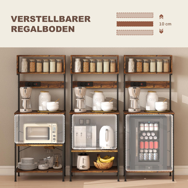 Køkkenreol, fritstående hylde med 5 S-kroge, 5 hylder, stikkontakt, lavet af stål, rustik brun, 60 x 42 x 153 cm