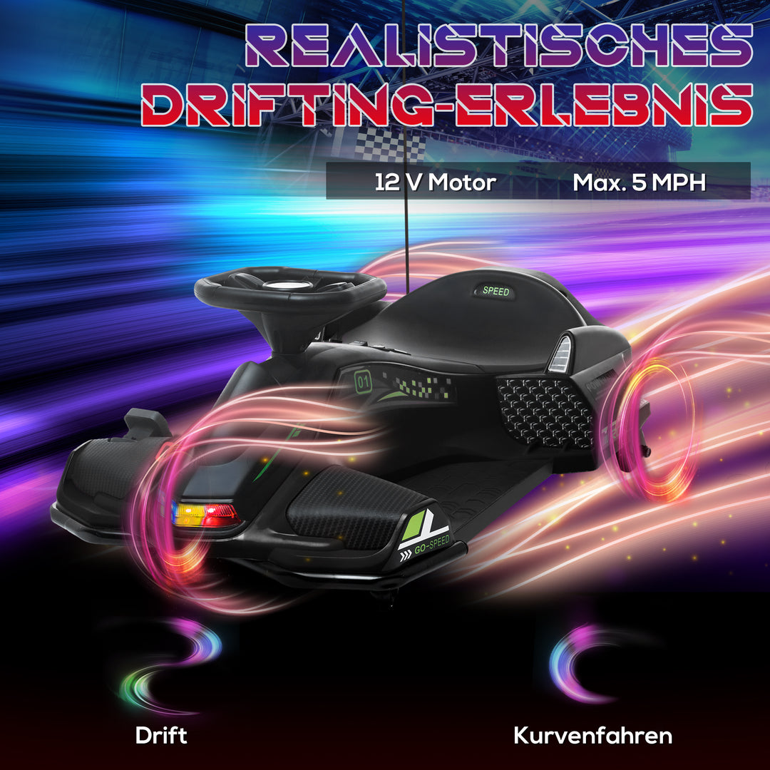 Elektrisk gokart til børn, gummihjul, 3-8 km/t, med lys og musikfunktion, sort