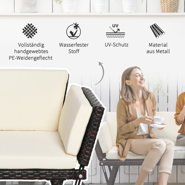 Polyrattan havesofa, 2-personers, havemøbler, loungesofa, havebænk, havelænestol, foldbar, armlæn i stål, brun, 129 x 63 x 67 cm