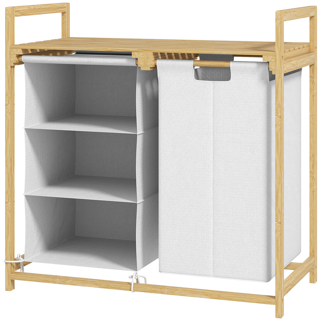 Vasketøjskurv med vasketøjspose, stofskuffe, bambus, 70x36x70 cm, hvid/træ