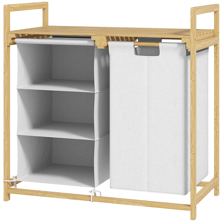 Vasketøjskurv med vasketøjspose, stofskuffe, bambus, 70x36x70 cm, hvid/træ