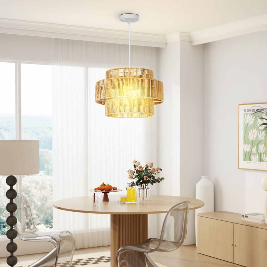 Hængelampe, 3-lags lampeskærm, metal, hampereb, lysebrun