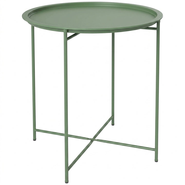 Havebord, rundt udendørs sidebord i stål med aftagelig bakke, foldbart design, terrassebord, grønt