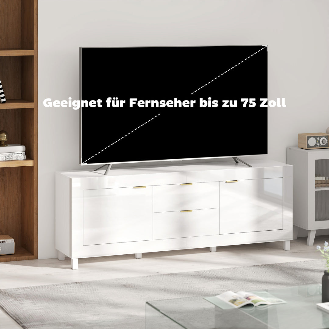 TV-skab til fjernsyn op til 75 tommer, moderne underholdningscenter med 2 skabe og 2 skuffer, hvid højglans
