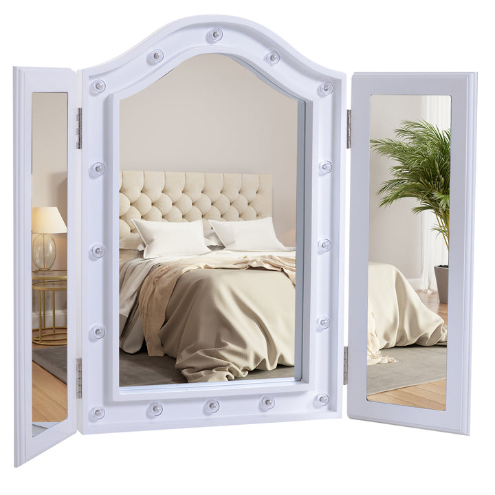 Kosmetikspejl makeupspejl 16 x led-belysning fritstående 180° foldbart batteridrevet hvid 3 spejle 73 x 53,5 x 4,5 cm