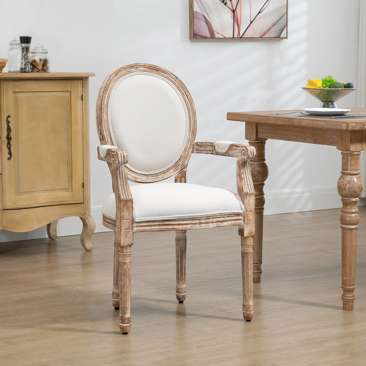 Køkkenstol med armlæn polstret spisestol retro design i hørlook til stue gummitræ cremehvid + lys træfarve 56 x 56 x 96 cm