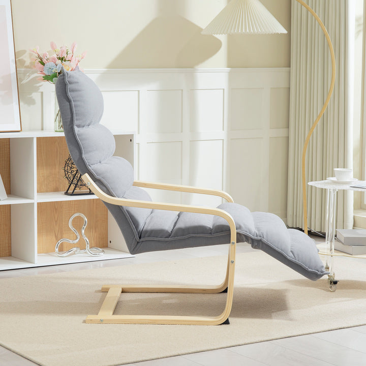 Loungestol i birketræ, polstret stol med justerbar fodstøtte, moderne lænestol, lysegrå