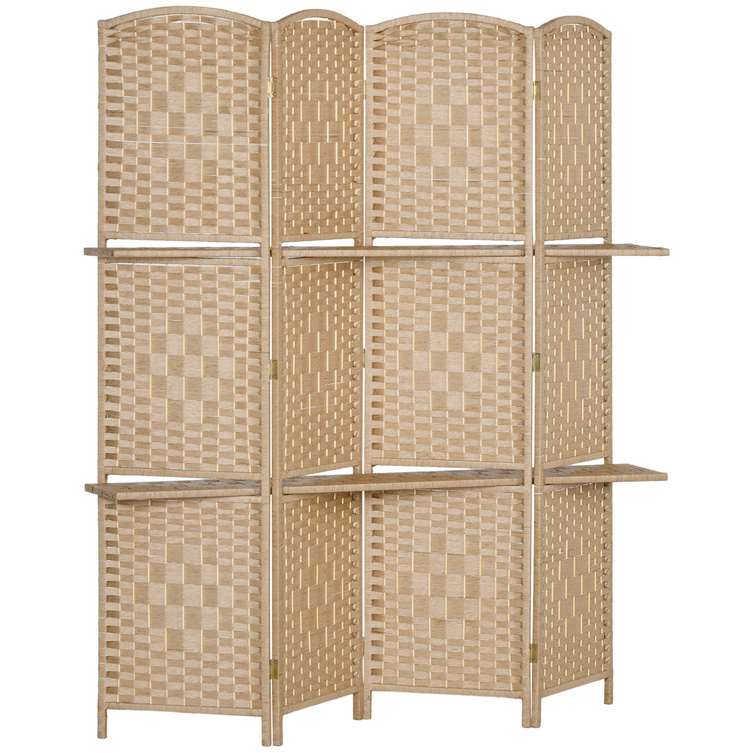 4-panels foldeskærm, 160 x 170 cm, foldbar skillevæg med 2 hylder, naturtræ