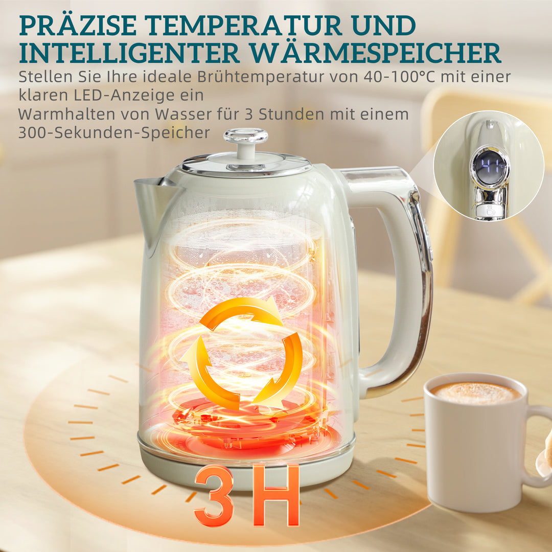 Elkedel- og brødristersæt, LED-display, 1,7 liter, 2200W, retrodesign, hukommelsesfunktion, grå