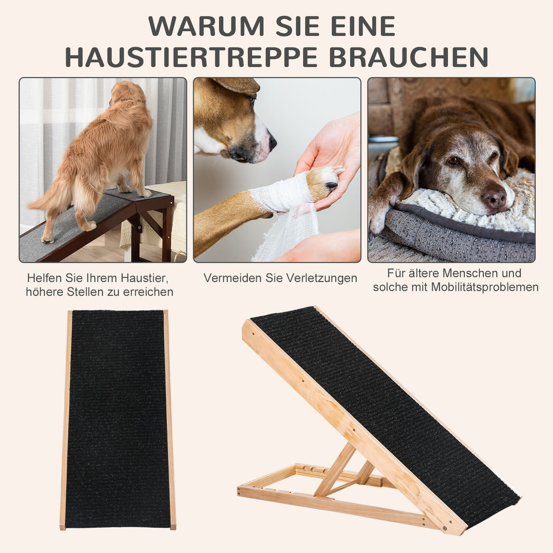 Dyrerampe med skridsikkert tæppe, justerbar dyrestige, hundelarampe til store hunde, fyrretræ, polyester, sort + naturtræ, 90B x 40D x 61H cm