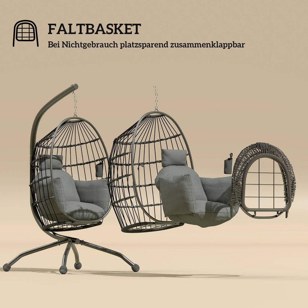 Hængende udendørs gyngestol med foldbart sæde i flet og tykke hynder, stativ, nakkestøtte, kopholder, sort