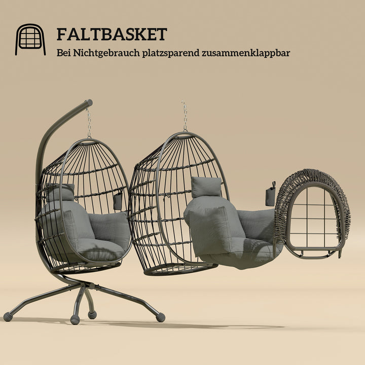Hængende udendørs gyngestol med foldbart sæde i flet og tykke hynder, stativ, nakkestøtte, kopholder, sort