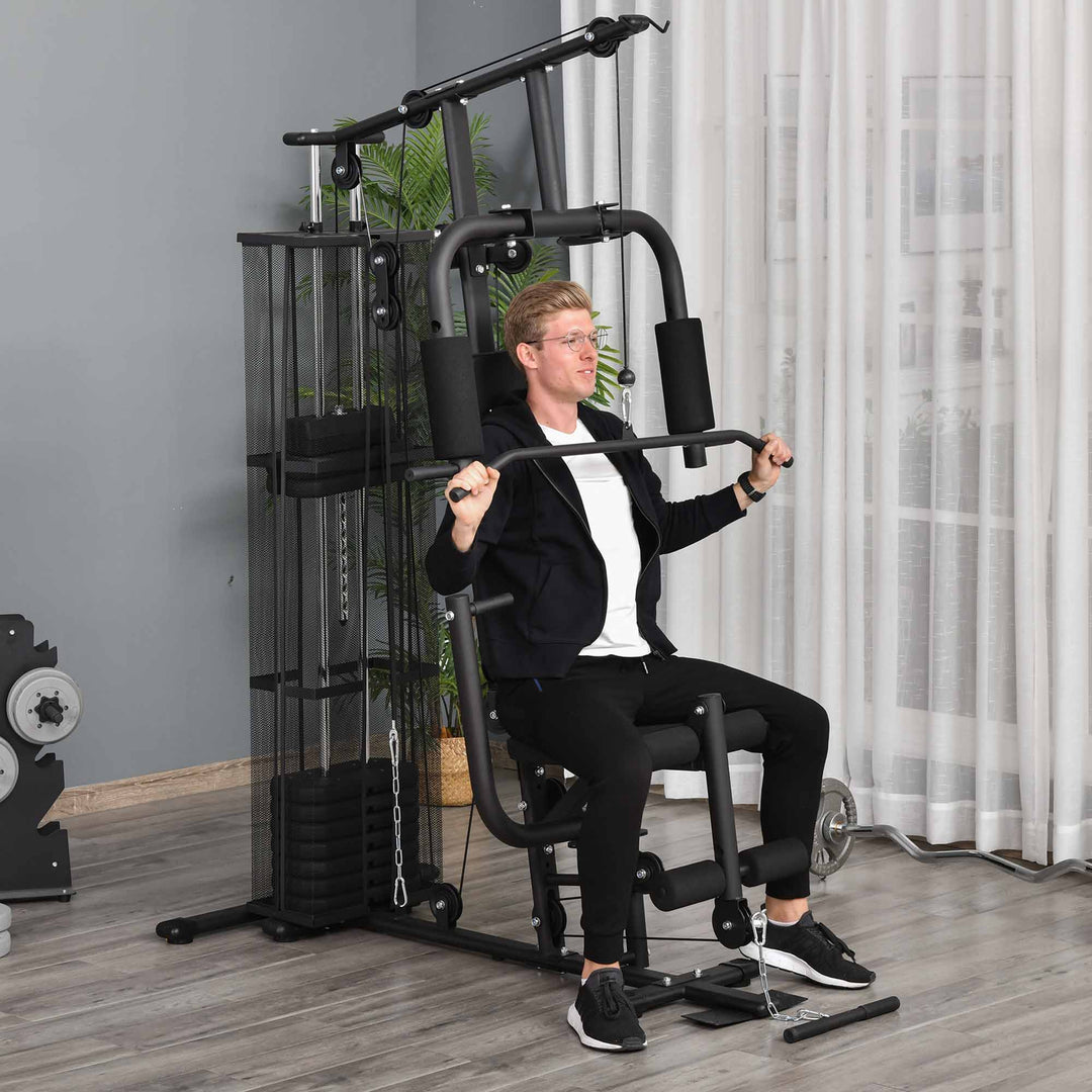 Power station fitness station fitnessudstyr multifunktionsstyrketræning multistation træningsstation med lat pulldown butterfly bar 45kg vægte reb, fitnessudstyr til hjemmet sort