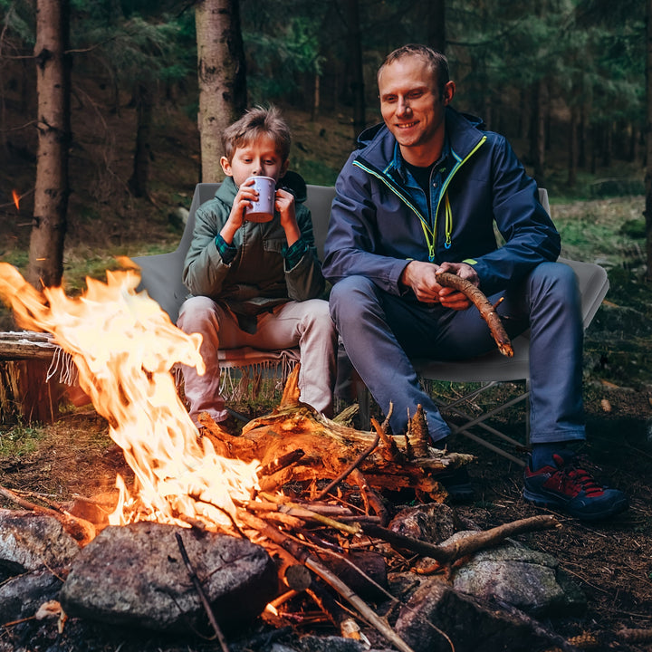 Klapstol 2-personers foldbar campingstol med armlæn sidelomme op til 240 kg lasteevne grå