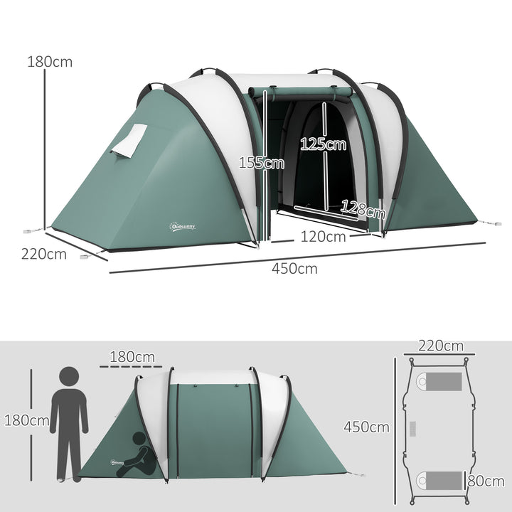 Campingtelt til 4-5 personer, let vandafvisende familietelt med 3 rum, sidedør, vindue, mørkegrøn