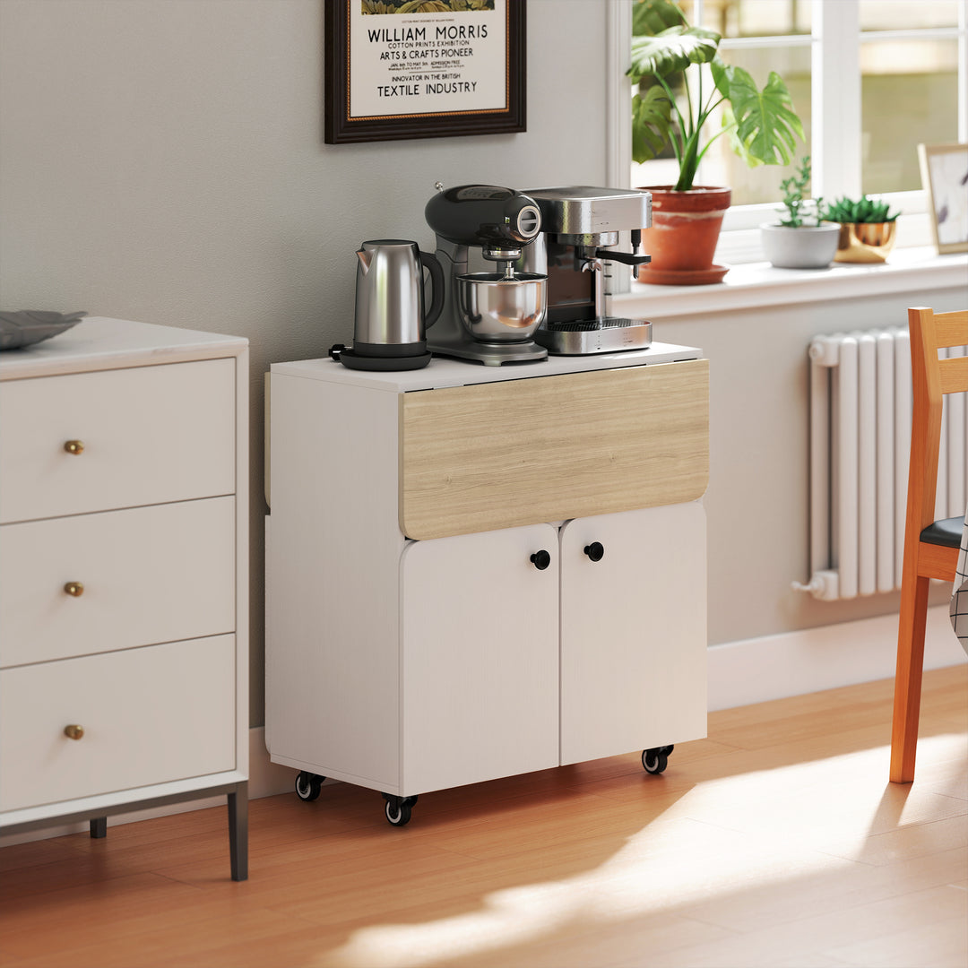 Klapbord med rulleskab, to klapbordssider, skab, 4 hjul, hvid + naturtræ, 70 x 83 x 75 cm