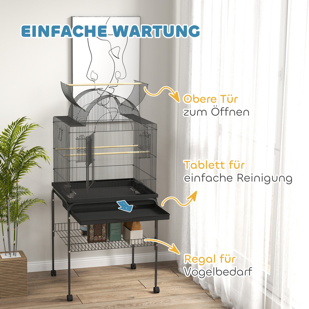 Fuglebur til kanariefugle og undulater, mobil, med bundrum, metalnet, sort