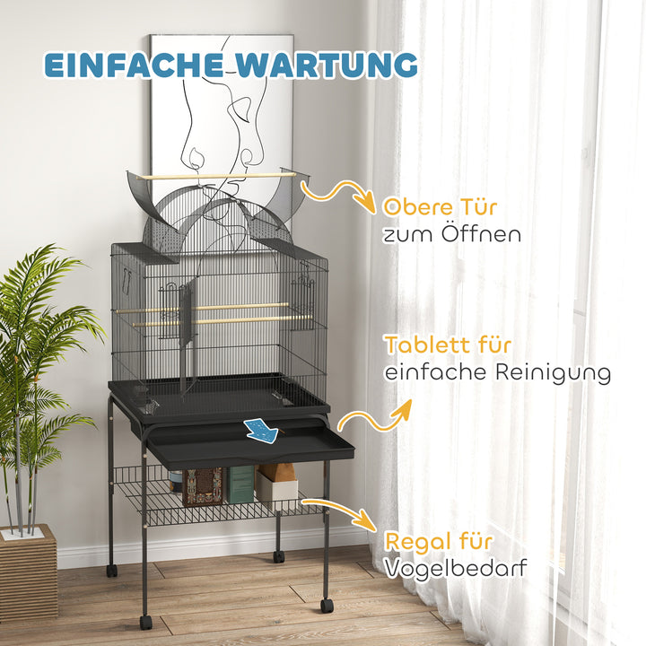 Fuglebur til kanariefugle og undulater, mobil, med bundrum, metalnet, sort