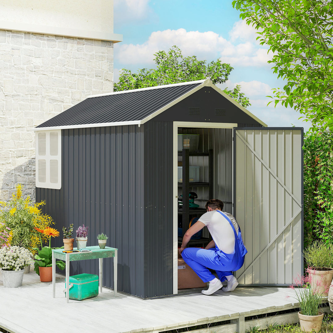 Haveskur, metalredskabsskur, dobbeltdør, vindue, 259x172x222 cm, grå/hvid