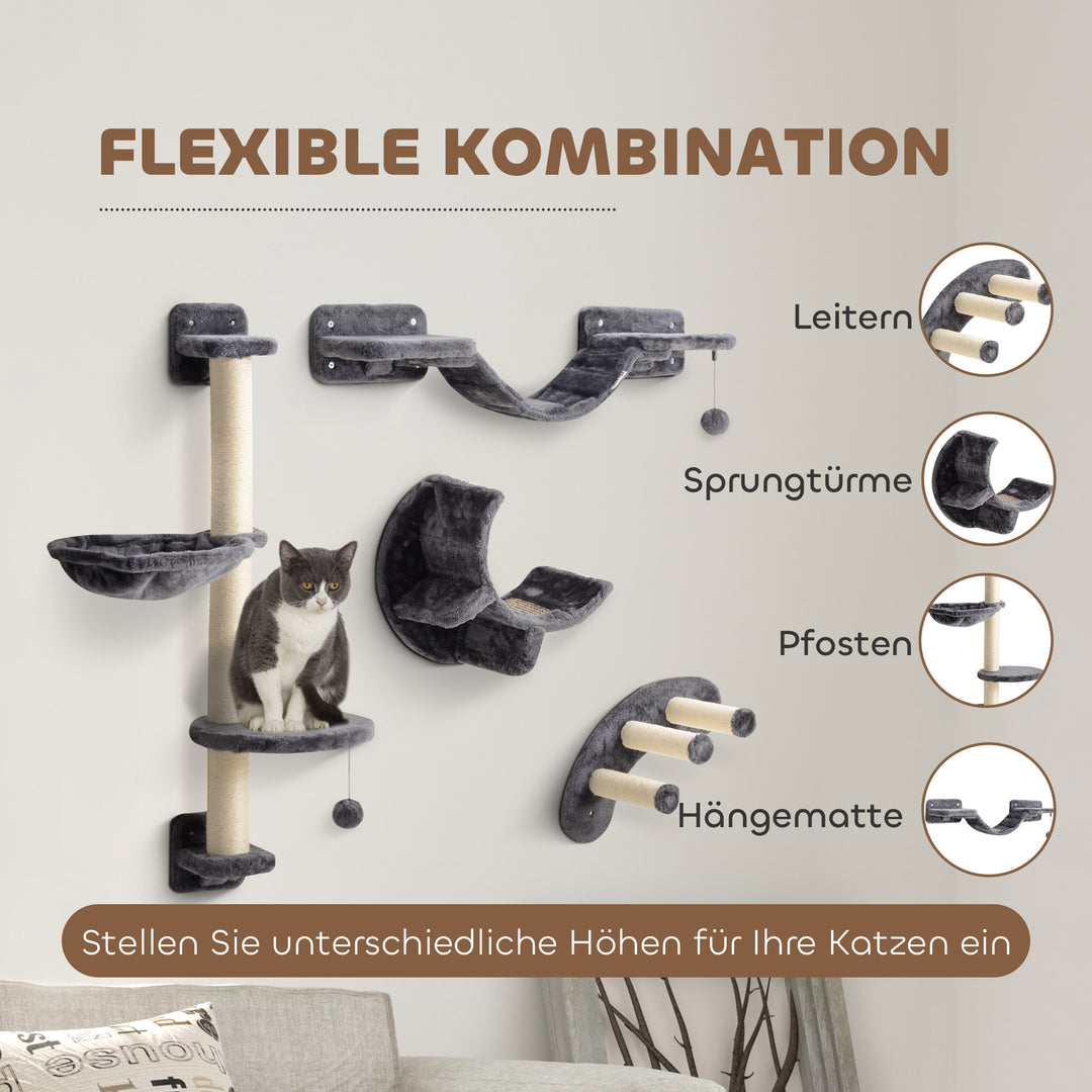 Klatrevæg til katte, 4-delt klatrevægsæt til katte med hængekøje, kattebro op til 5 kg, mørkegrå
