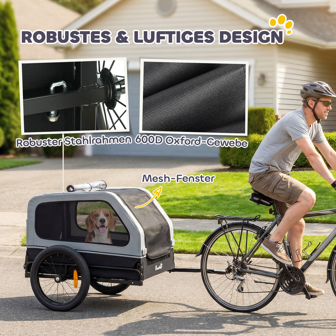 Sammenklappelig cykeltrailer til mellemstore hunde op til 20 kg med nedklappelig rampe, reflekser, snor, flag, grå.