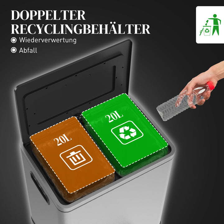 Skraldespand med låg og fodpedal, rustfrit stål, 2x 20 liters rum, sølv