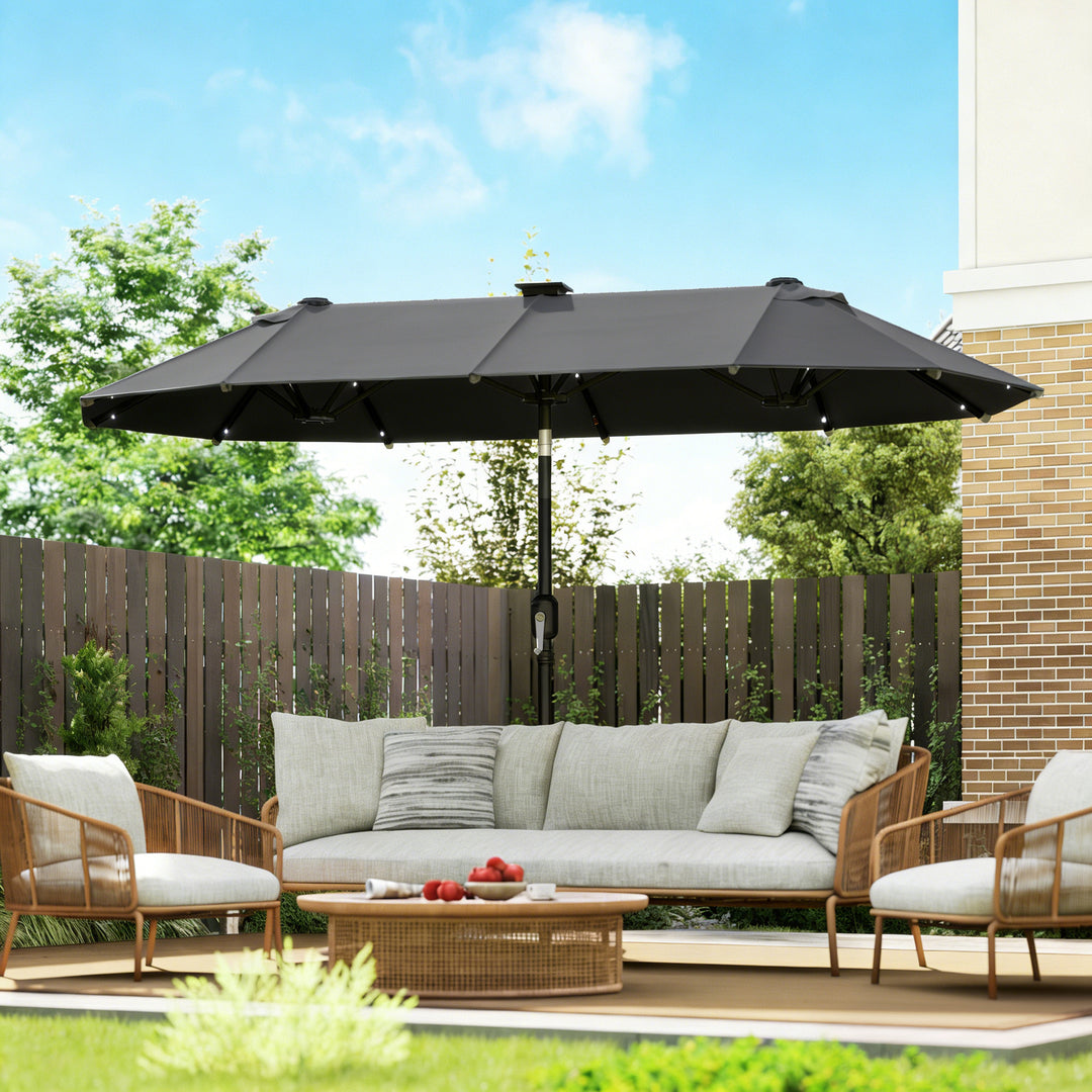 Dobbelt parasol, terrasseparasol, vipbar, med solpanel, 35 LED'er, stålramme, grå, 2,92 x 1,50 x 2,18 m