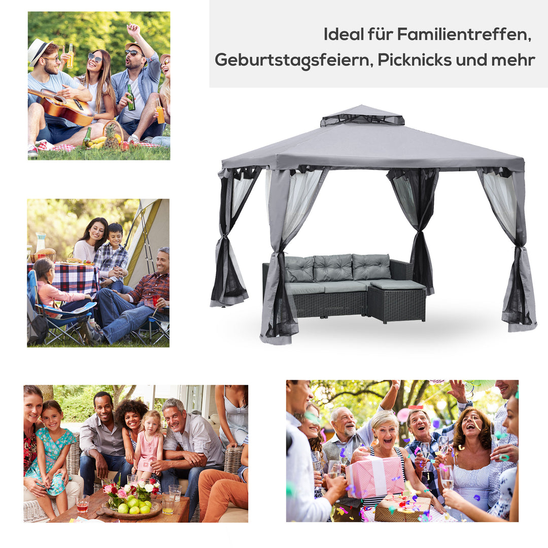 Dobbelttagspavillon, 3x3 m, vandtæt, robust, vintersikker, havepavillon med myggenet og sidepaneler, metal havepavillon til have og terrasse, lysegrå