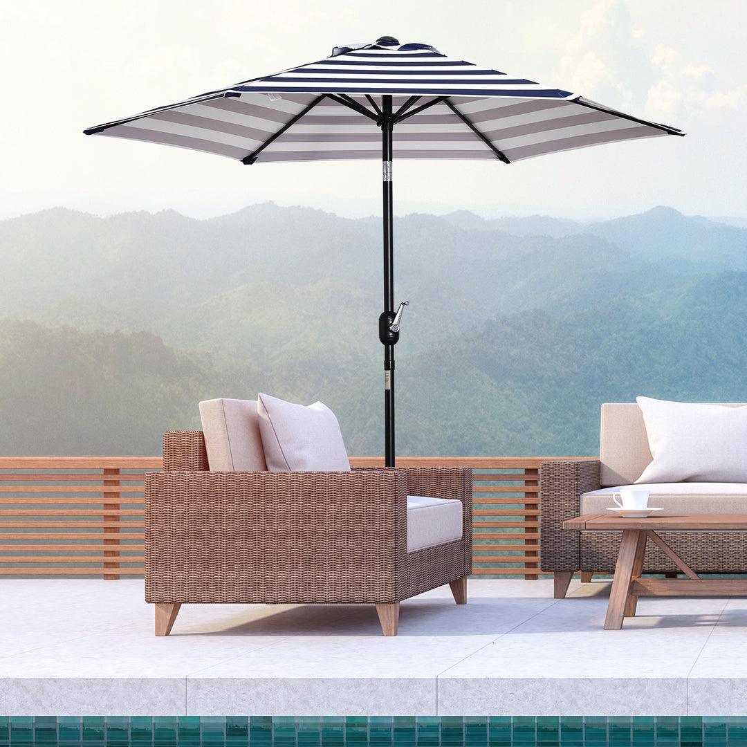 Parasol, haveparasol, terrasseparasol, stålstel, udendørs brug, blå stribe, Ø230 x 216 cm