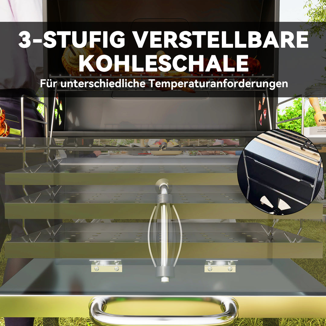 Kulgrill, højdejusterbar kulpande, grillvogn, hylder, termometer, flaskeåbner, stål, træ, sort