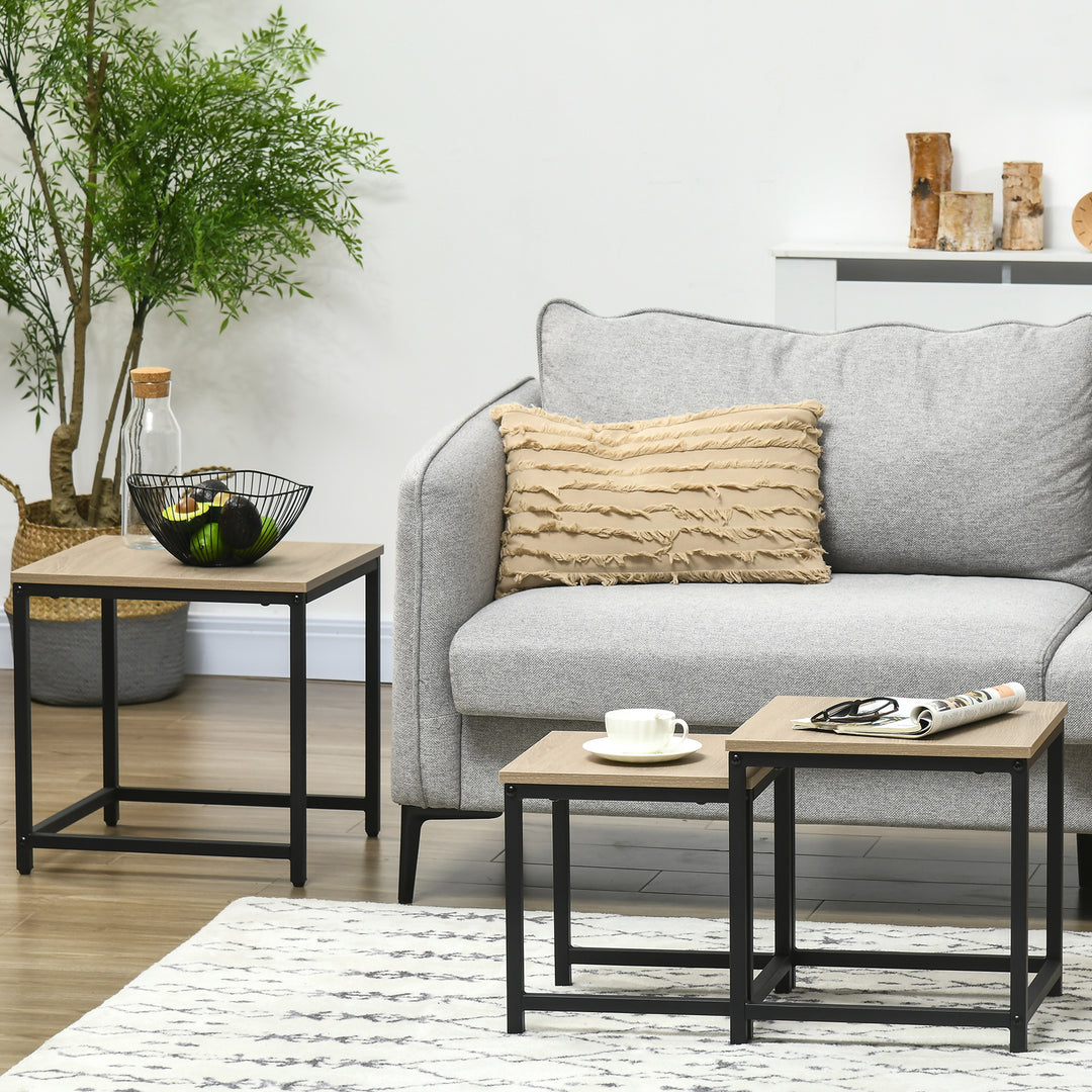 Indskudsbord sæt med 3 sideborde, industridesign, sort stålstel, bordplade i trælook