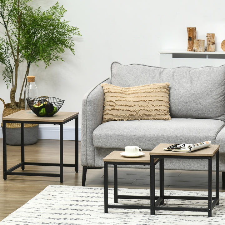 Indskudsbord sæt med 3 sideborde, industridesign, sort stålstel, bordplade i trælook