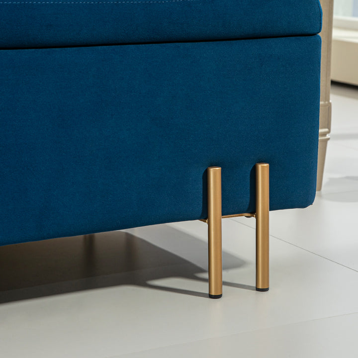 Bænk, polstret bænk med opbevaring, metal, gummitræ, skum, 100 x 40 x 42 cm, mørkeblå