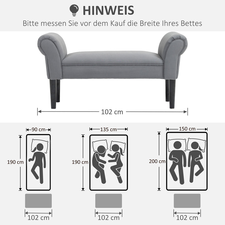 Bænk, sengebænk, robust konstruktion, blød polstring, 102x36x51 cm, grå