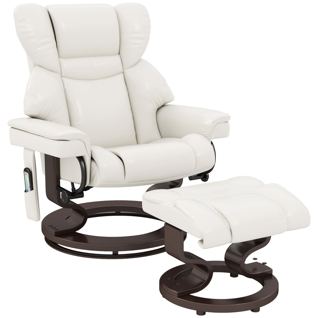 Lænestol med massagefunktion og fodskammel, loungestol, kunstlæder, 79 x 82 x 101 cm, cremehvid