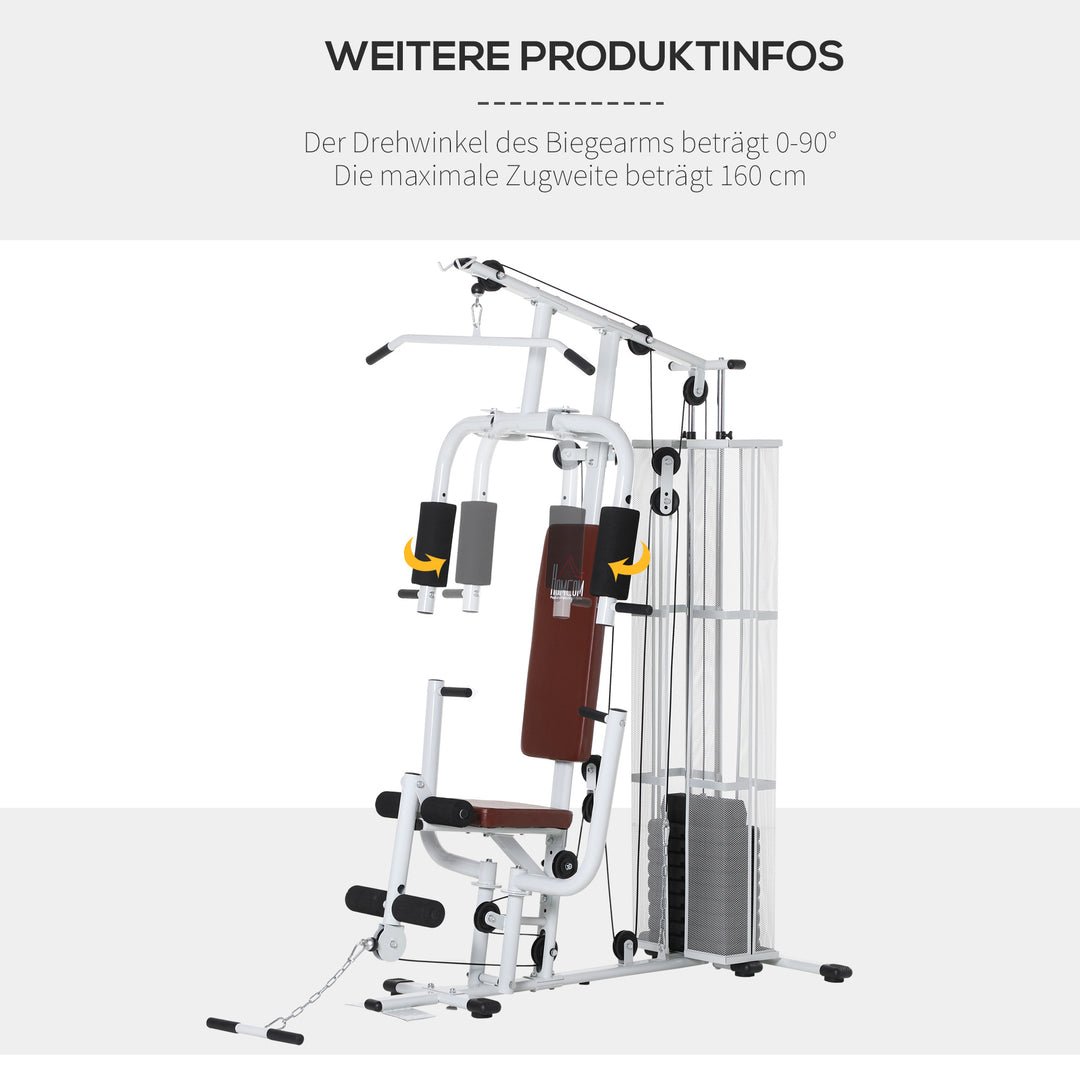 Fitnesscenter, multigym, fitnesscenter, fitnessudstyr inklusive vægte, lat pulldown, benbøjning, metal, PU-læder, hvid, 150 x 110 x 210 cm