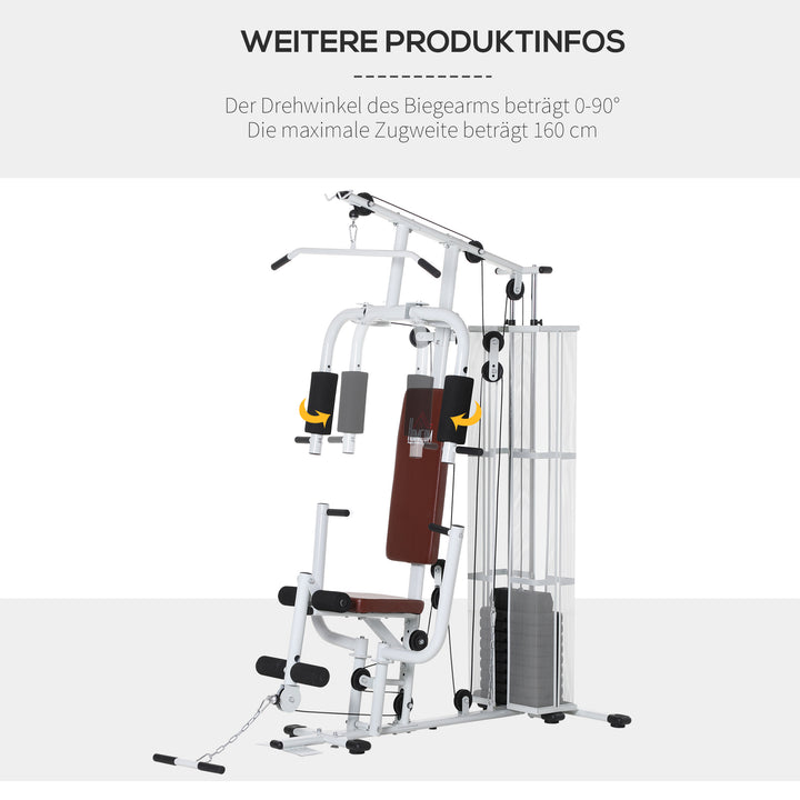 Fitnesscenter, multigym, fitnesscenter, fitnessudstyr inklusive vægte, lat pulldown, benbøjning, metal, PU-læder, hvid, 150 x 110 x 210 cm
