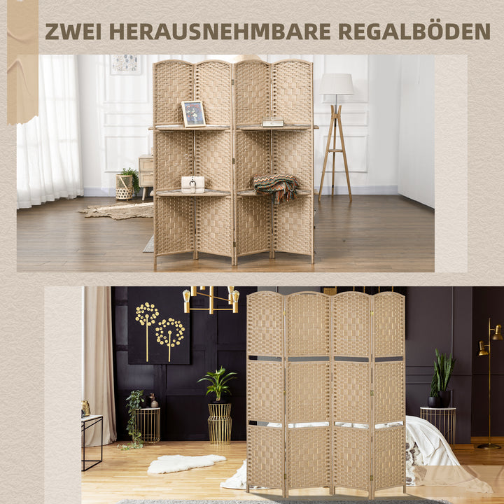 4-panels foldeskærm, 160 x 170 cm, foldbar skillevæg med 2 hylder, naturtræ