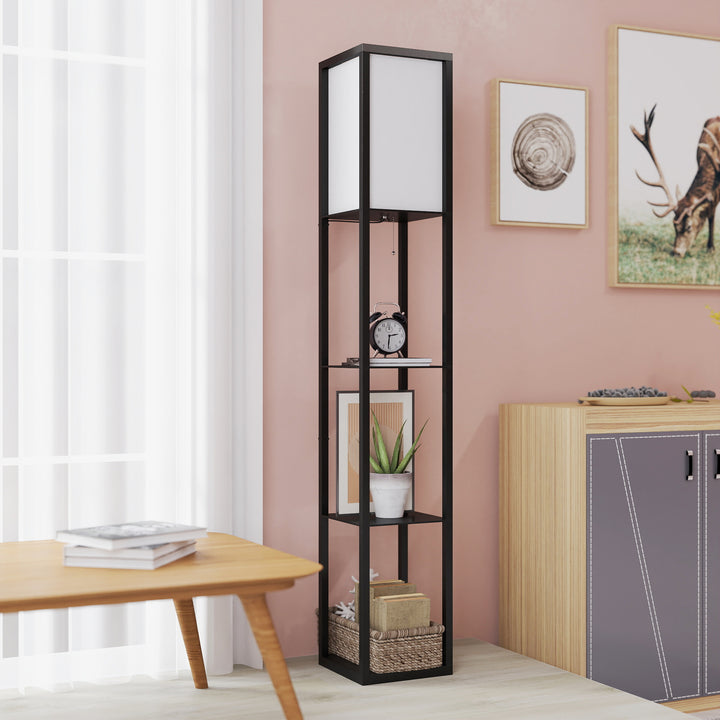 Gulvlampe med hylder, gulvlampe, træ, 26 x 26 x 160 cm, til stue/soveværelse (uden pære)