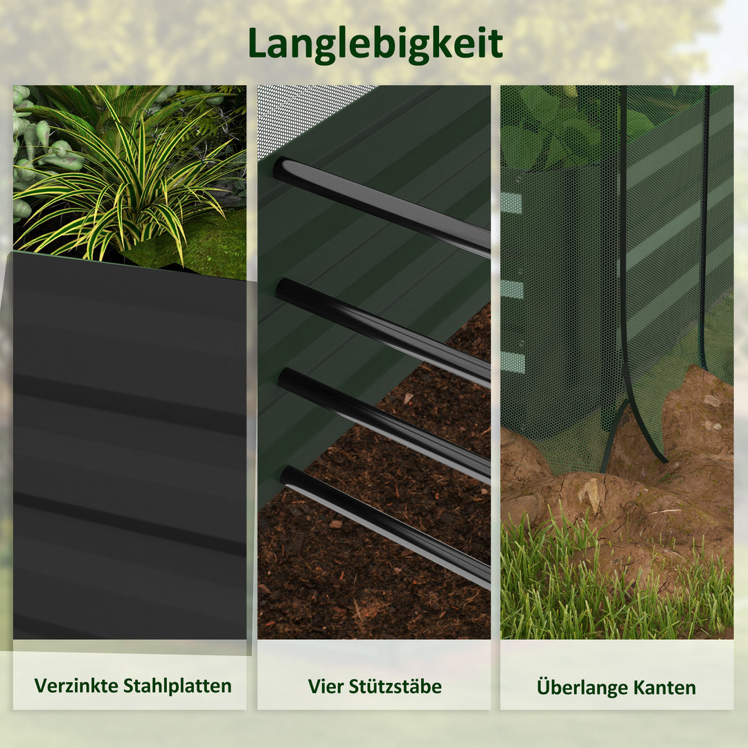 Højbed til solskin med fuglebeskyttelsesnet og solskærm, metalkabinet, 230x110x110 cm, grå/grøn/sort