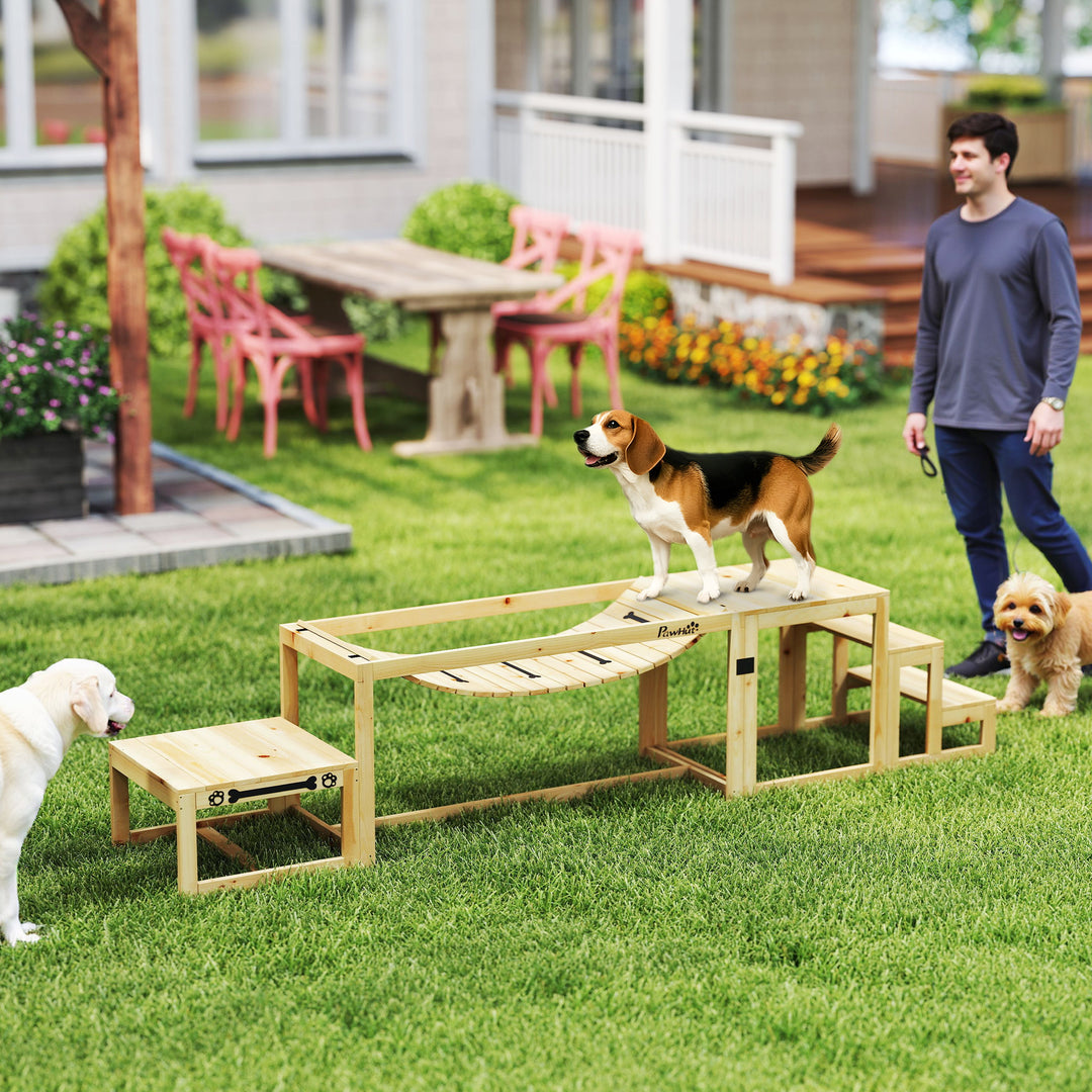 Agilitysæt til hunde, hundetræningsstruktur med bro, trappe, platform, fyrretræ, til store hunde op til 40 kg
