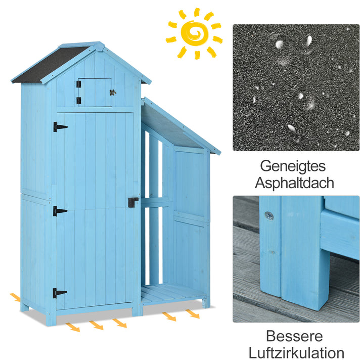 Haveskur med brændeopbevaring, skur med 3 hylder, asfalttag, fyrretræ, himmelblå, 130 x 54,5 x 180 cm