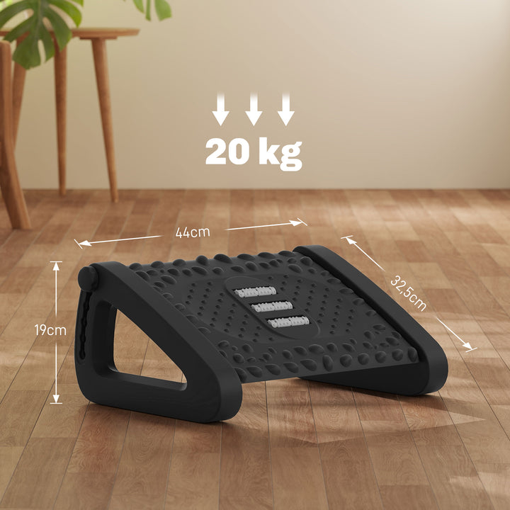 Skrivebordsfodstøtte, højdejusterbar fodskammel med massageoverflade og hjul, plastik, sort