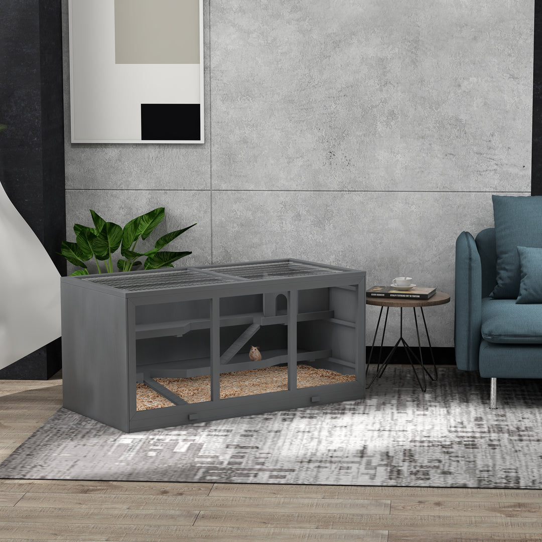 Dværghamsterbur, gnaverbur, smådyrskasse, låsbar, træ, nem at vedligeholde, grå