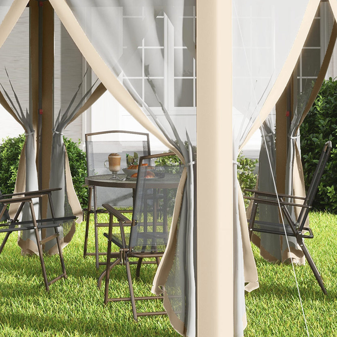 Havepavillon, foldbar pavillon, 4 x 4 m pop-up telt, partytelt inklusive bæretaske, 6 sidepaneler, dobbelt tag, sekskantet, khaki