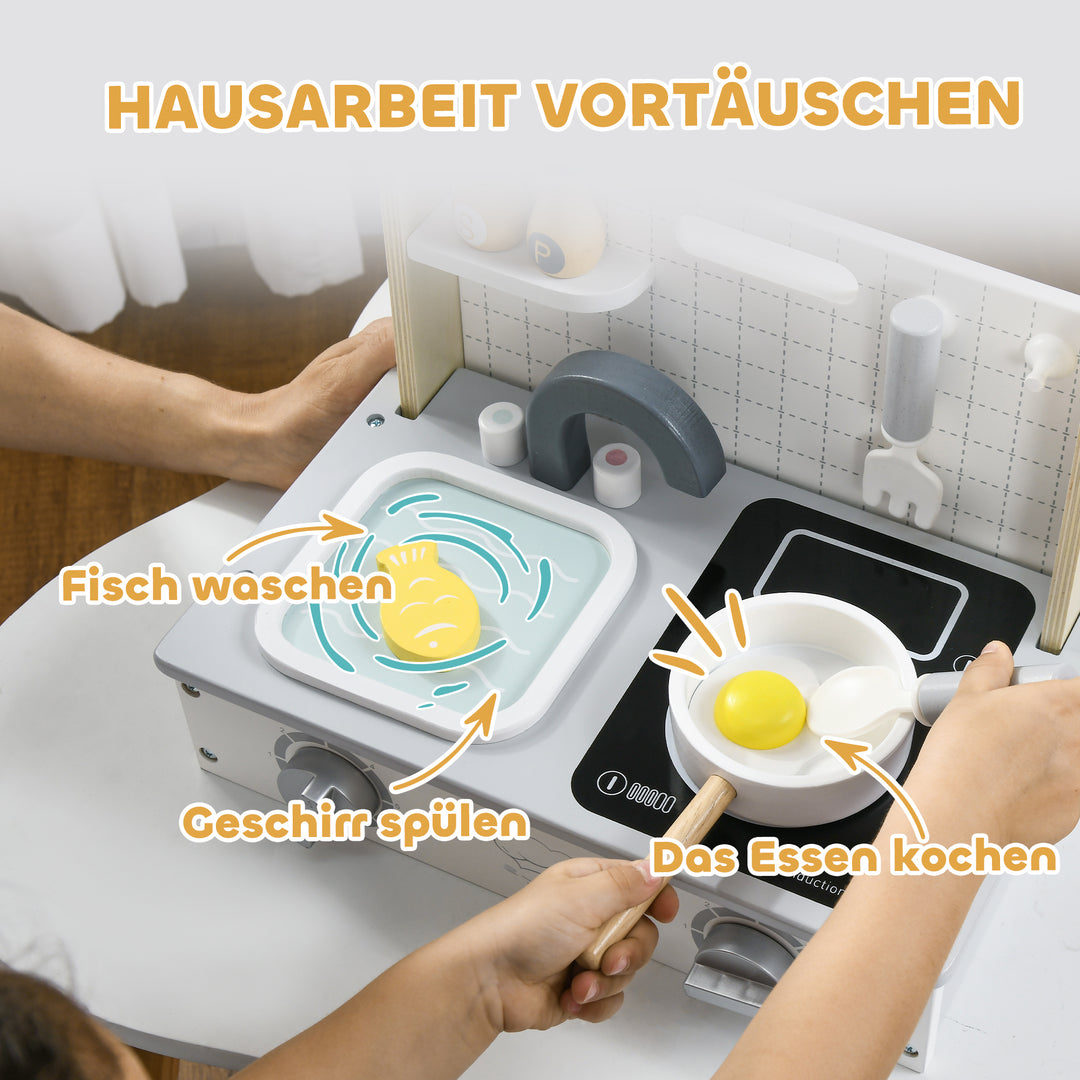 10-Delt børnekøkkensæt med krydderiflasker, gryde, æg og fisk, 36 x 21,5 x 25 cm, grå/gul