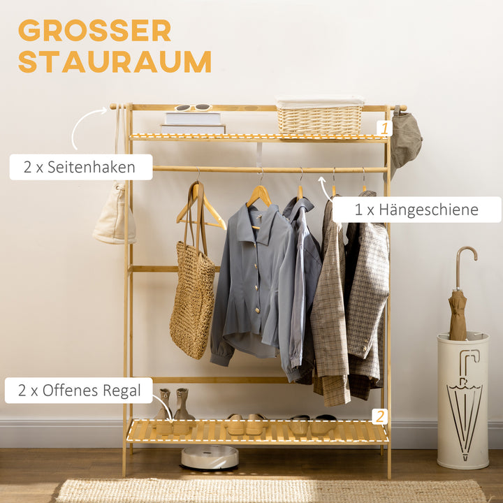 Bambus tøjstativ med 2 knager og tøjstang, 2 hylder, 114 x 40 x 139 cm